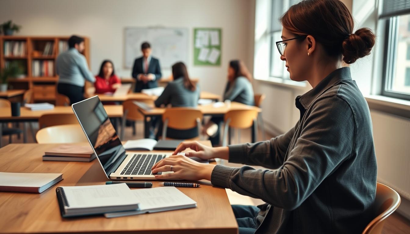 Student using a study guide to organize academic notes